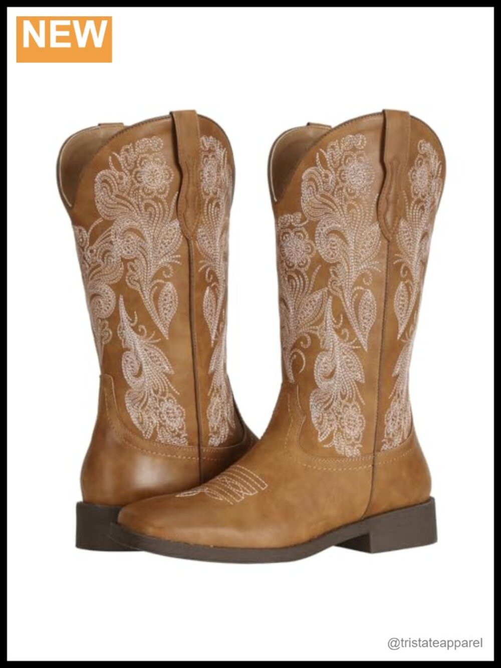 Women's Floral Cowgirl Boots Square Toe Faux Leather Mid-Calf Western